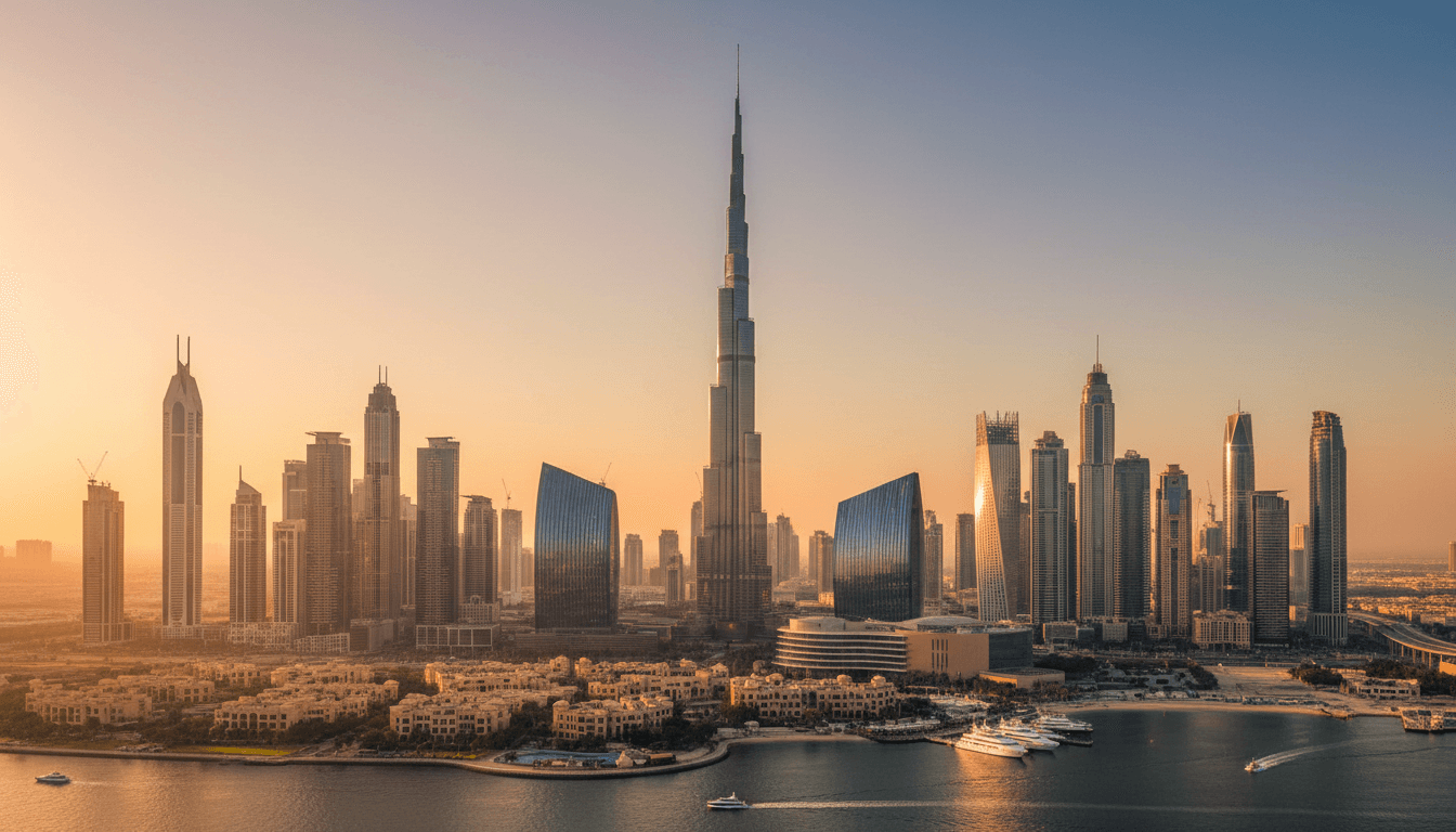 Bright Dubai skyline with iconic skyscrapers at sunset, reflecting prosperity and innovation