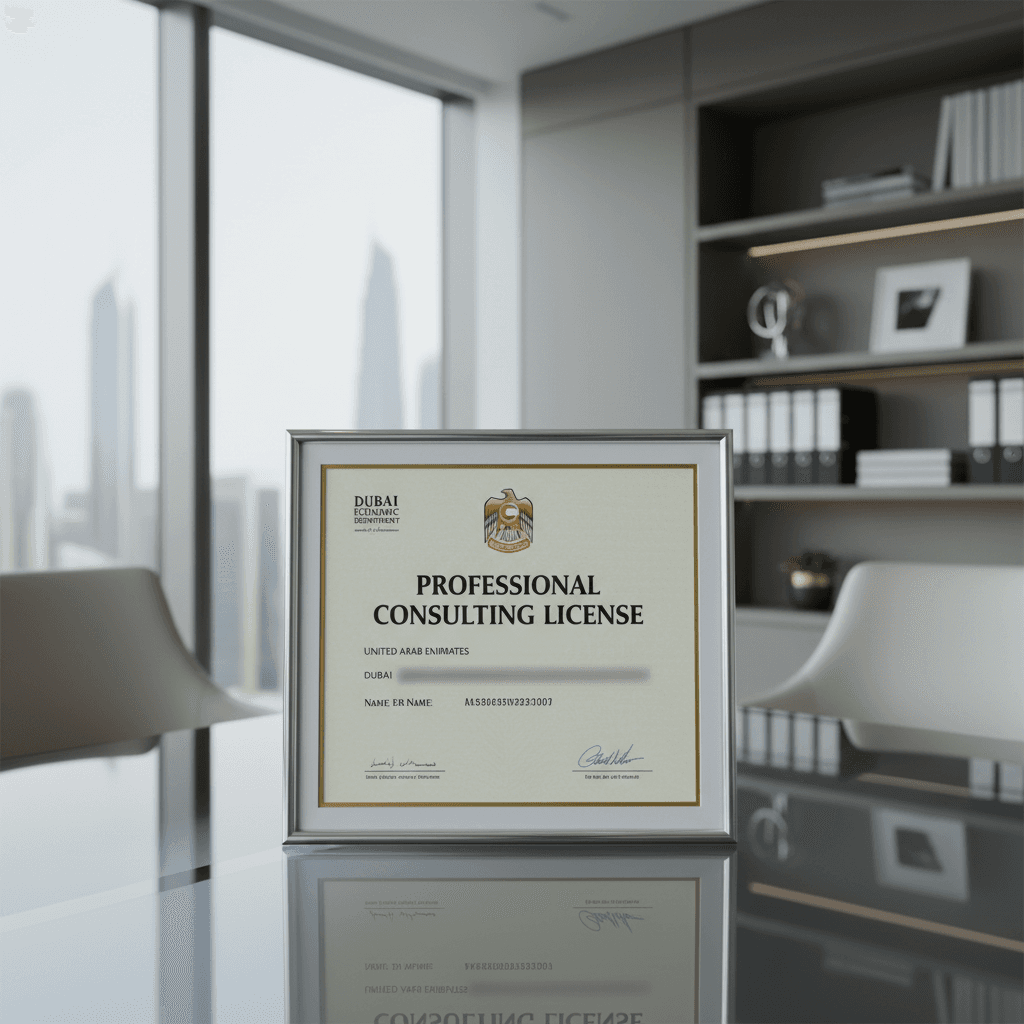 Business license certificate with official seal on a modern desk in a corporate office.