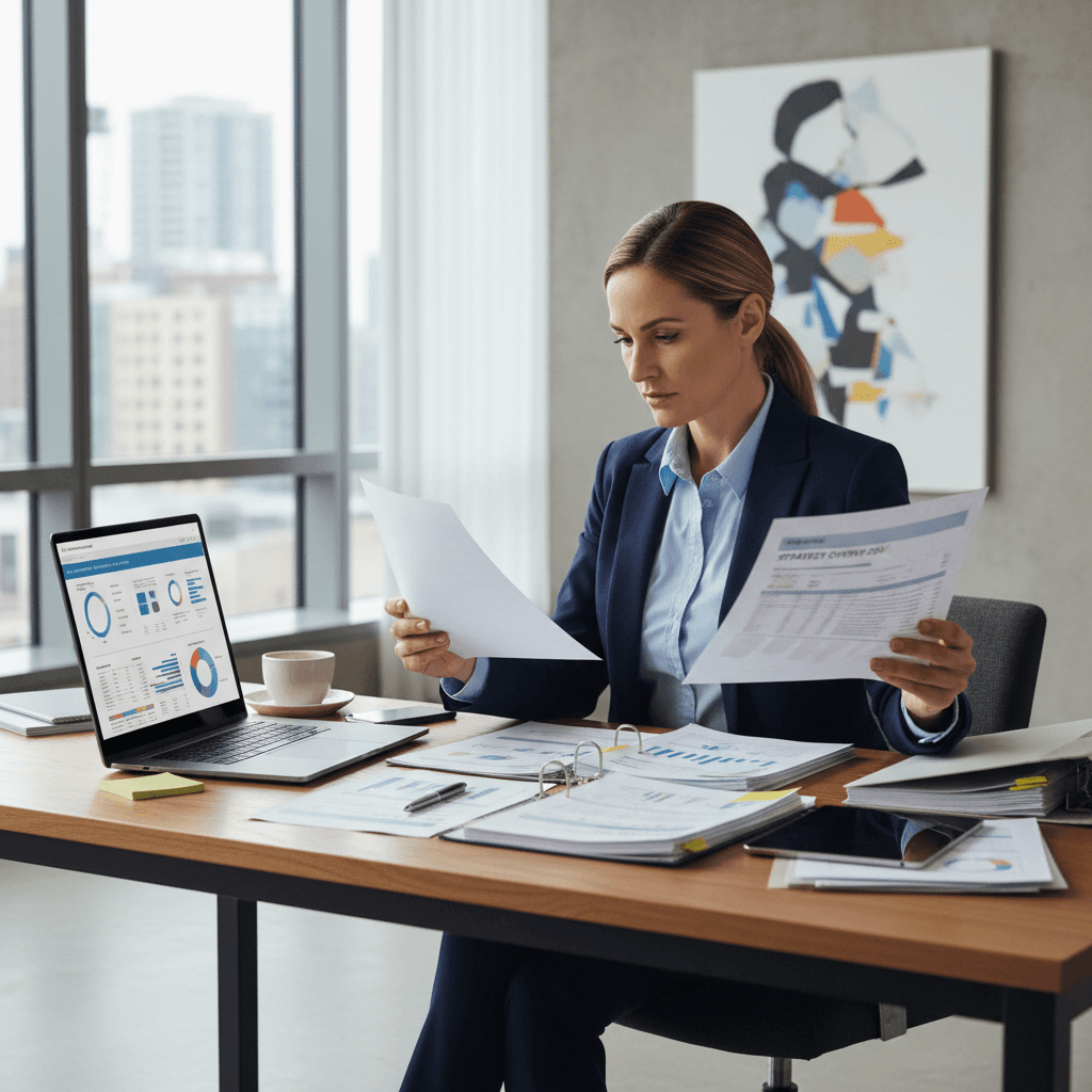 Professional business consultant reviewing corporate documents at modern office desk