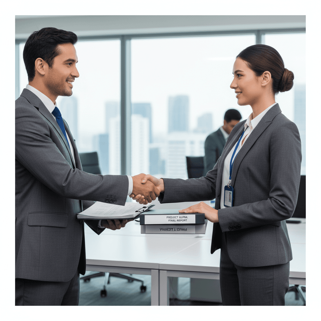 Business professional receiving completed documents and handshake in corporate office setting