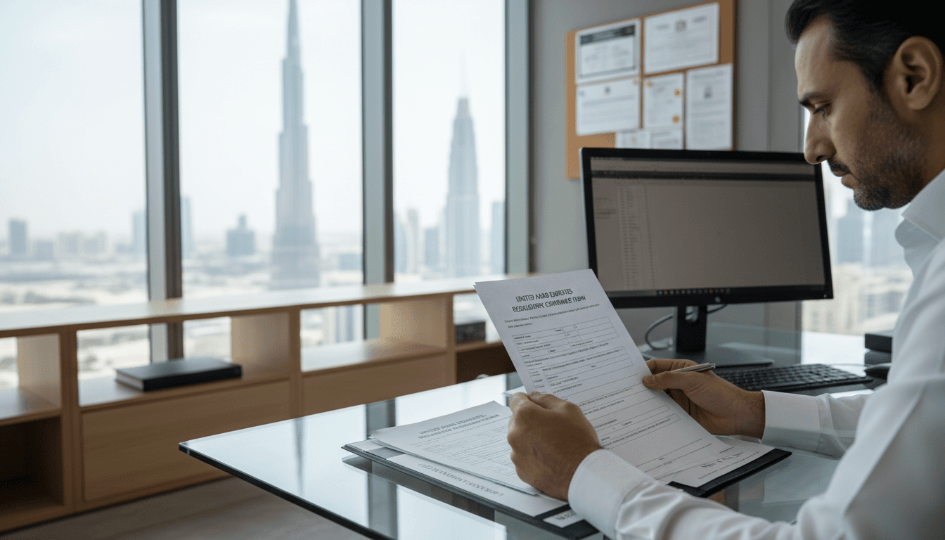 UAE corporate compliance documents being reviewed by professional consultant at Dubai office desk