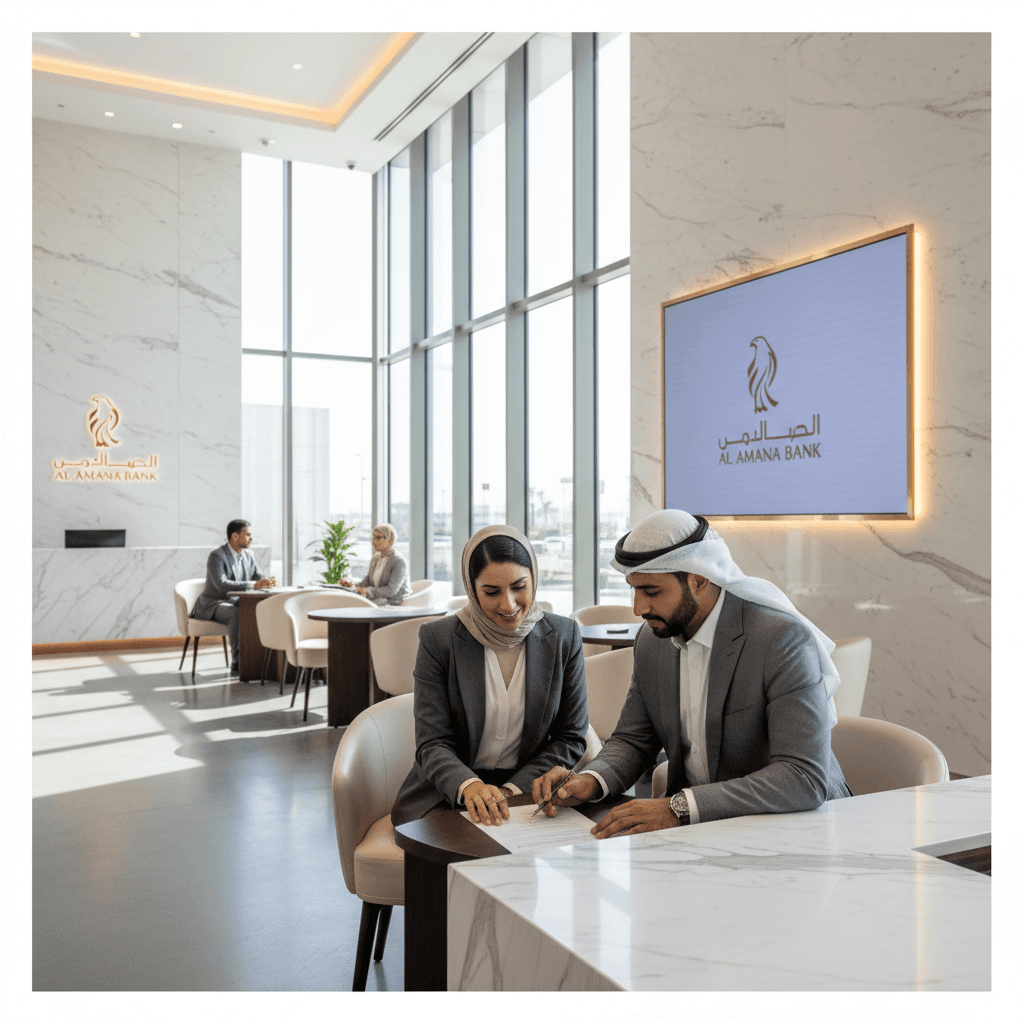 Professional consultant assisting a client with bank account setup in a modern UAE bank interior.