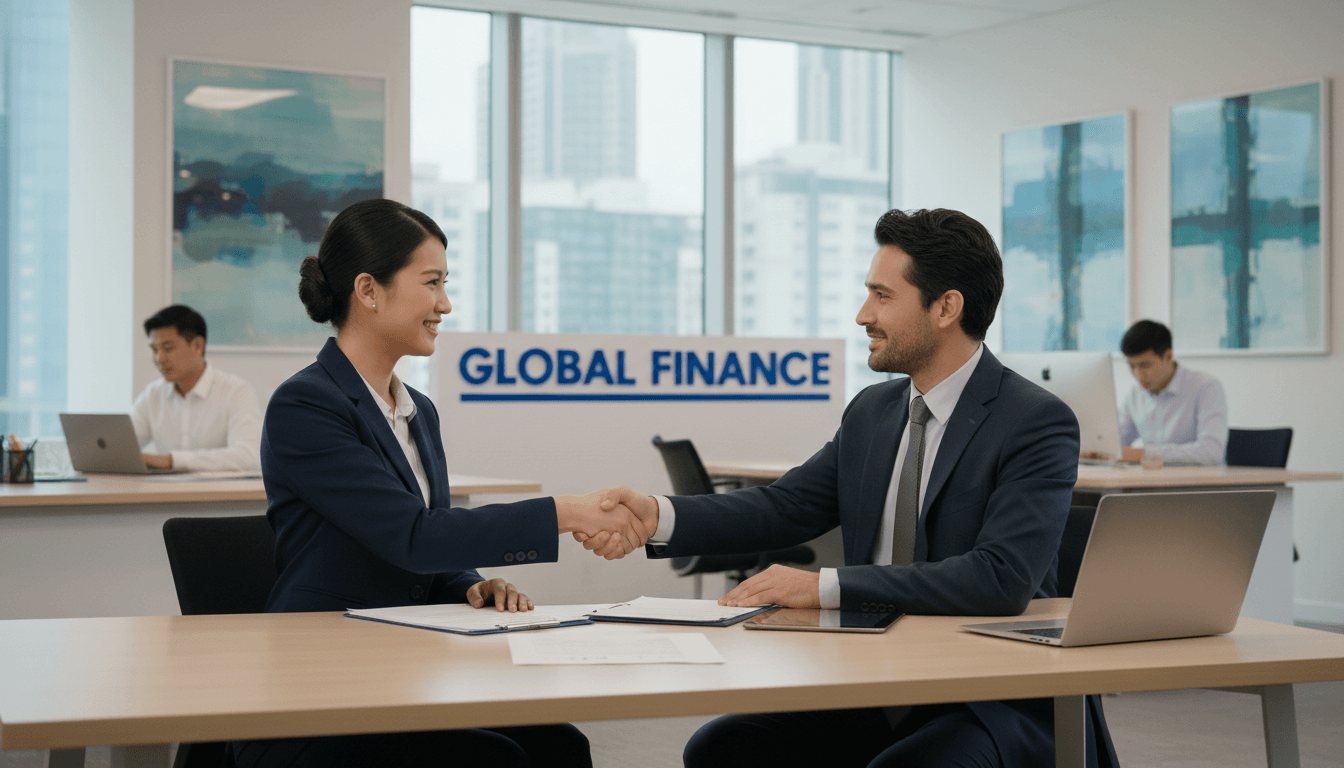 Business professional in meeting with banking advisor at modern corporate desk