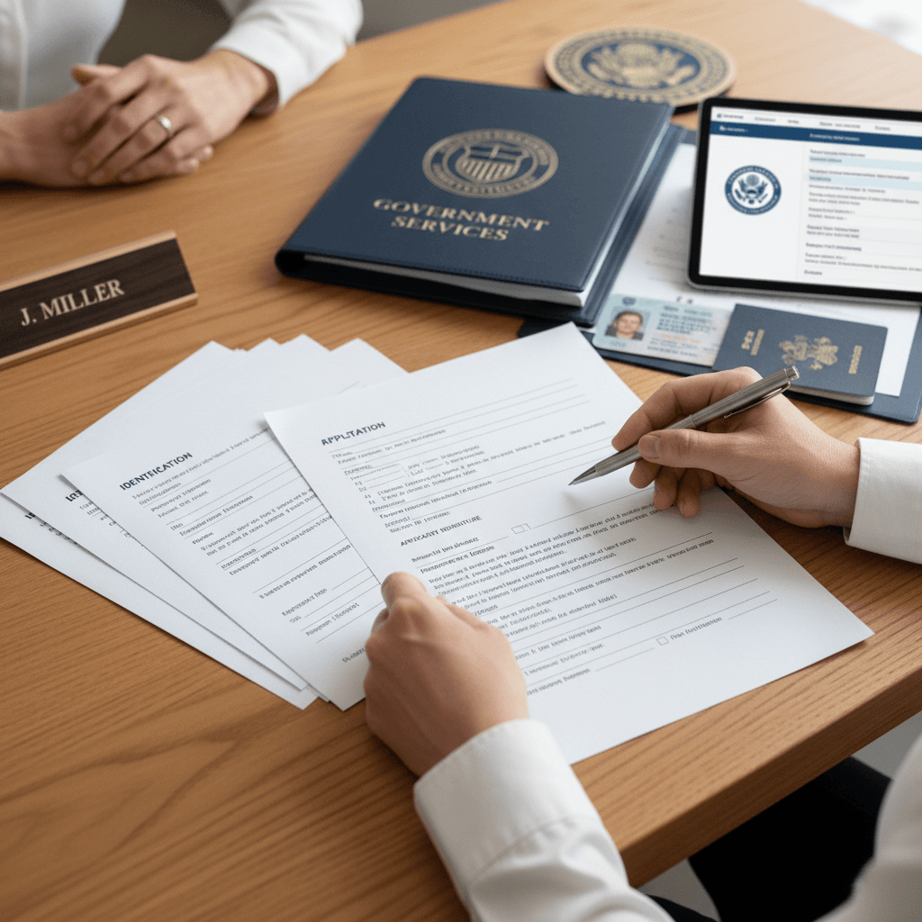 Overhead view of service representative and citizen reviewing completed government forms and documents at organized desk