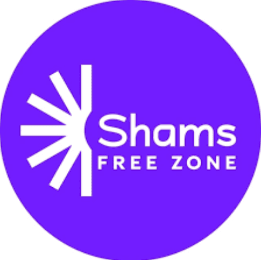 Shams Free Zone logo with a white sunburst icon on a purple circular background.