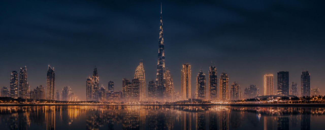 Panoramic view of the Dubai skyline with Sheikh Zayed Road business district