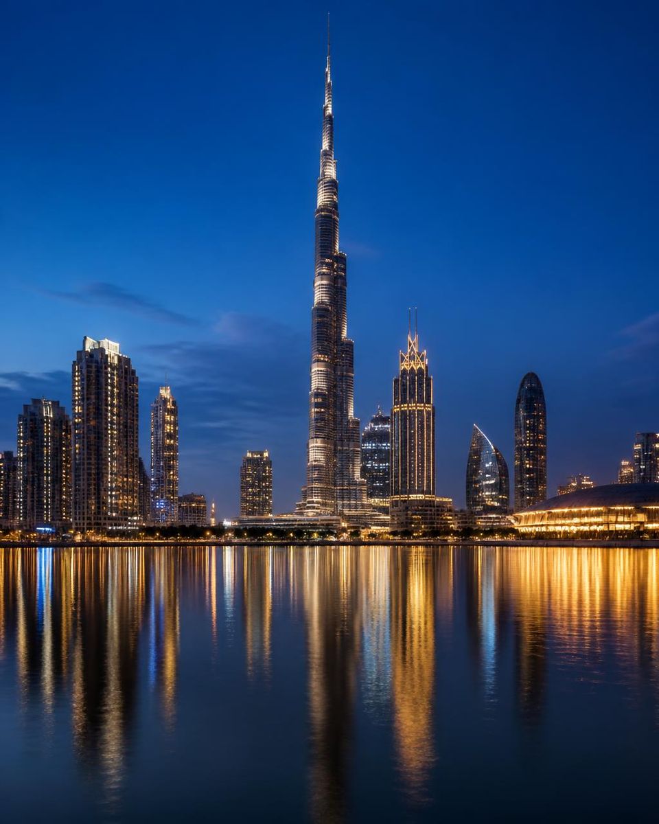 Dubai skyline at blue hour: Burj Khalifa and Downtown towers reflected in the water
